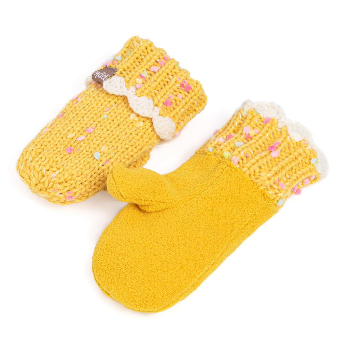 Yellow knit mittens shown with fleece lining and speckled knit cuffs.