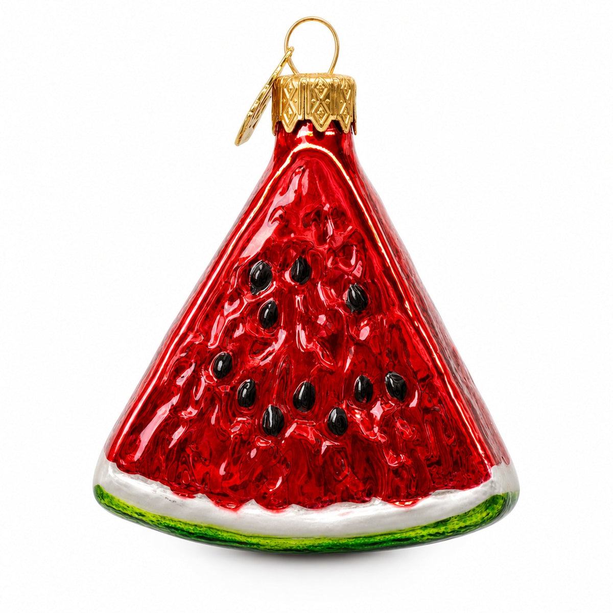 Watermelon slice glass Christmas ornament, red with black seeds and green-edged rind