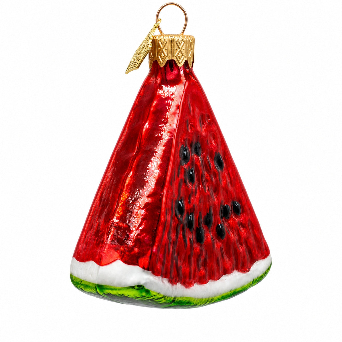 Watermelon slice glass ornament, red with black seeds and white rind