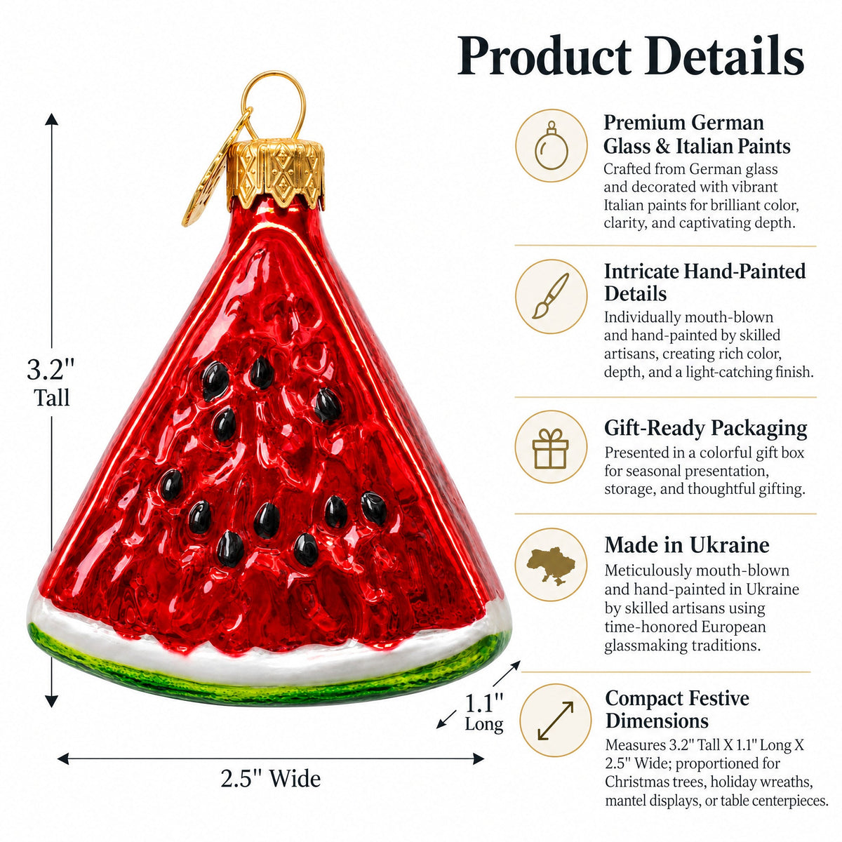 Watermelon slice glass ornament with red glitter, black seeds, and green rind edge