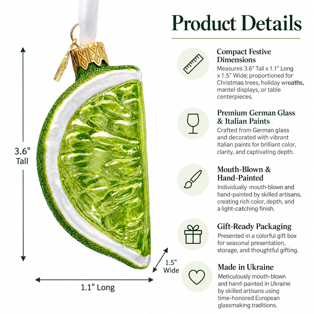 Green lime-slice glass ornament with gold hanger and white rind border detail.