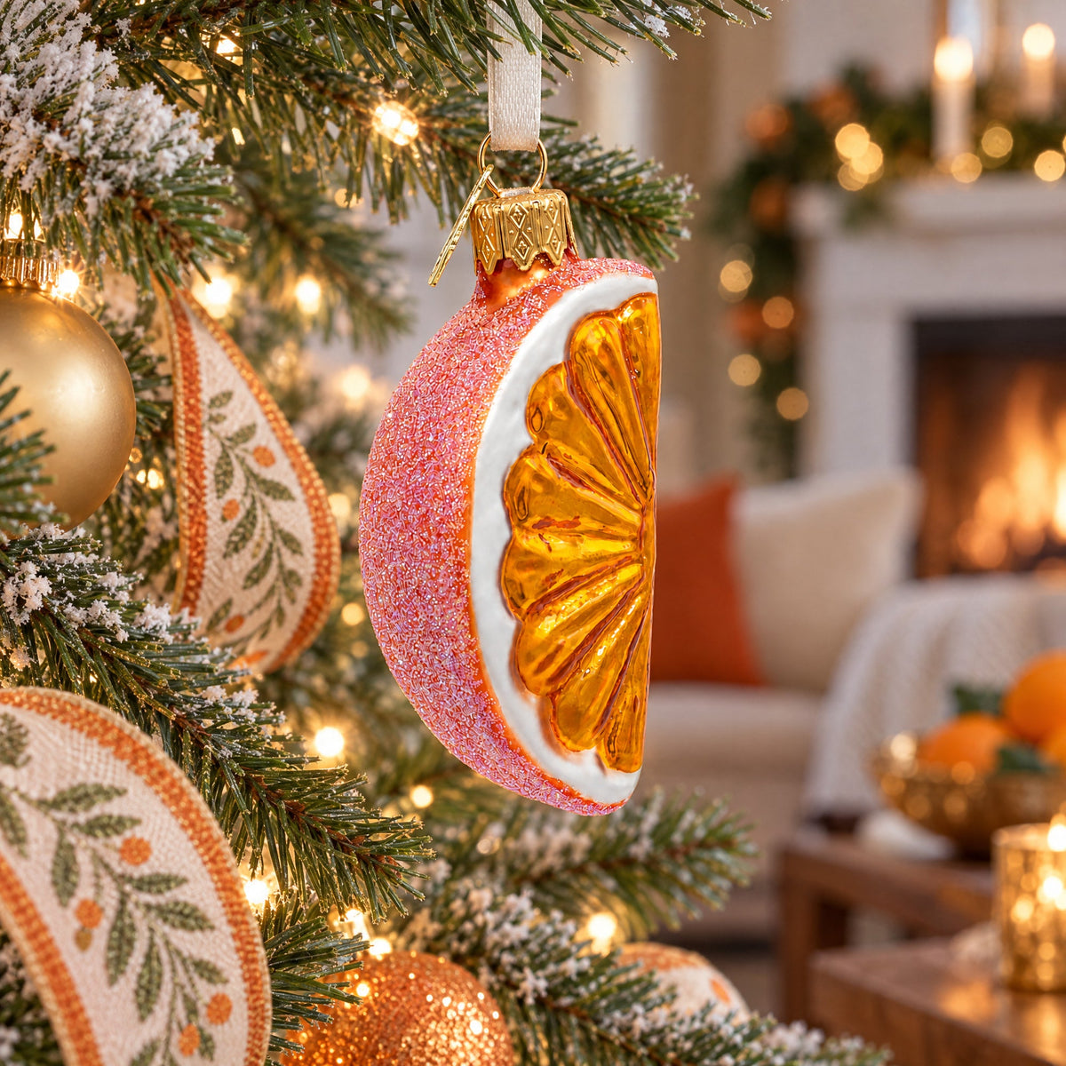 Hanging glass citrus slice ornament with orange glitter face and gold ridged back.