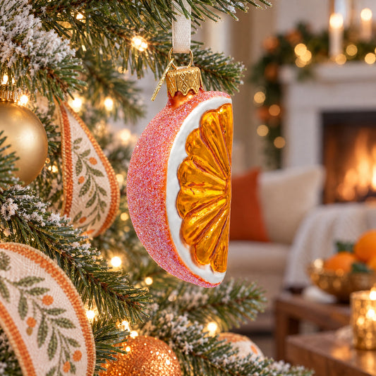 Hanging glass citrus slice ornament with orange glitter face and gold ridged back.