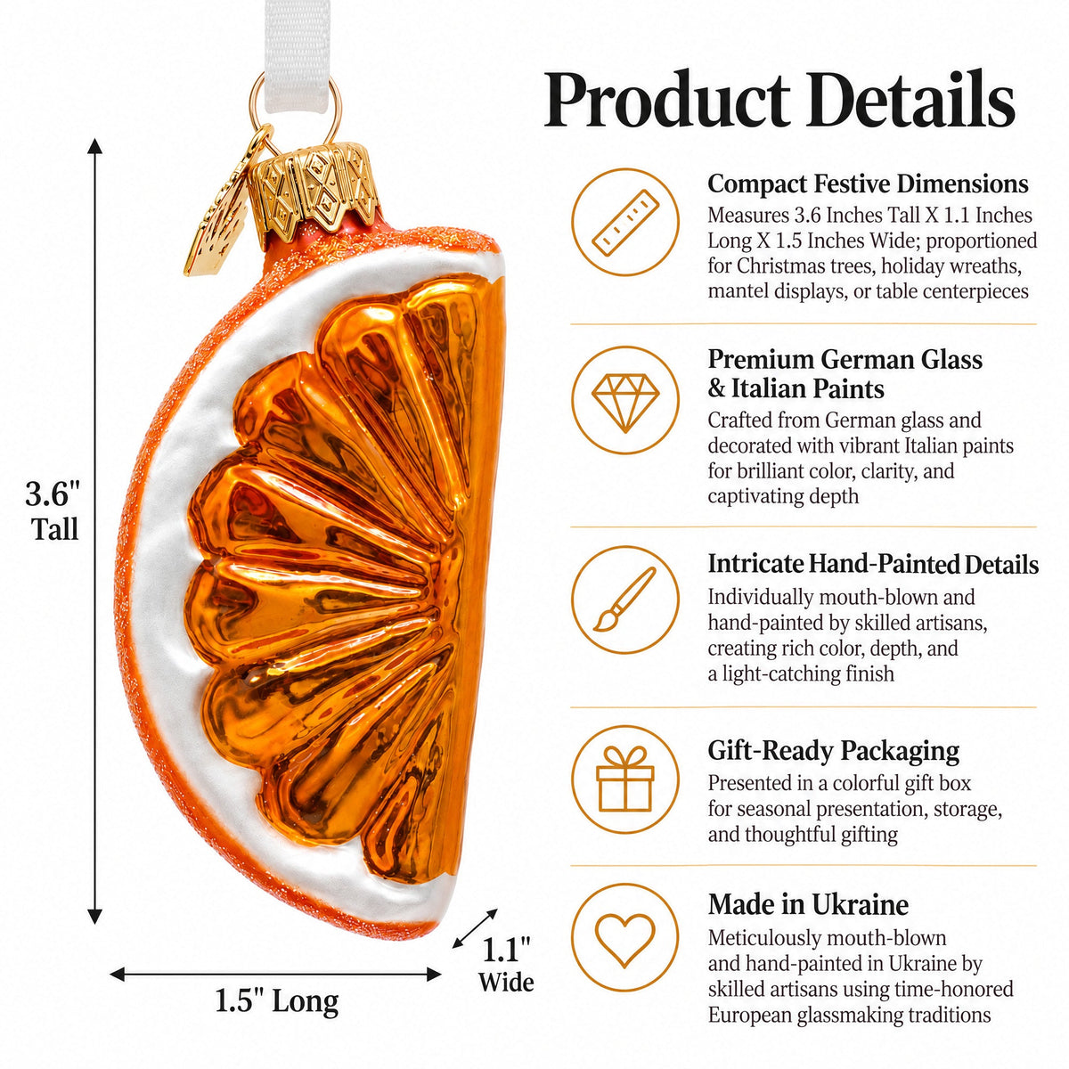 Glass citrus slice ornament with orange glitter rim, gold interior detail, hanging loop.