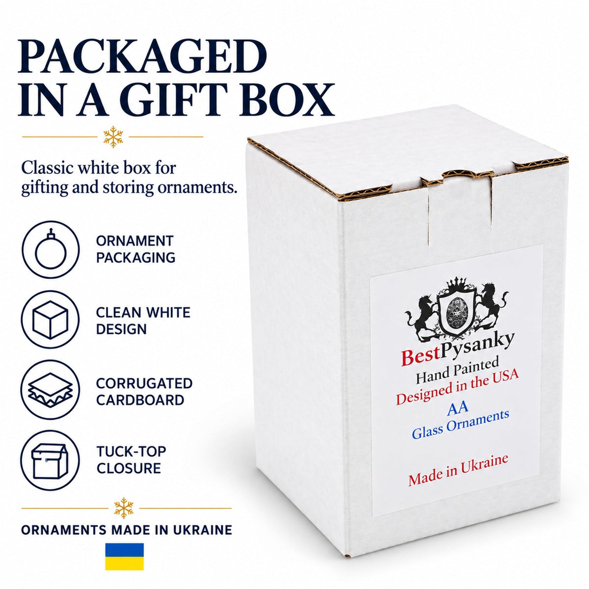 White gift box for Christmas ornaments with BestPysanky logo