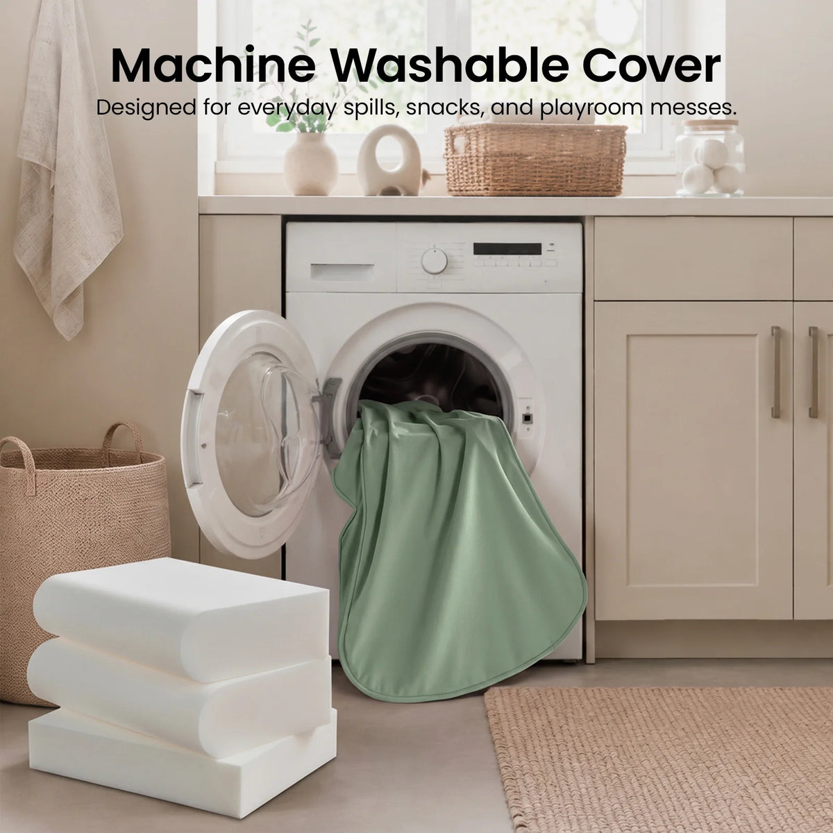 Tiny Land® light green kids sofa cover draped beside a washing machine, with foam cushions shown.