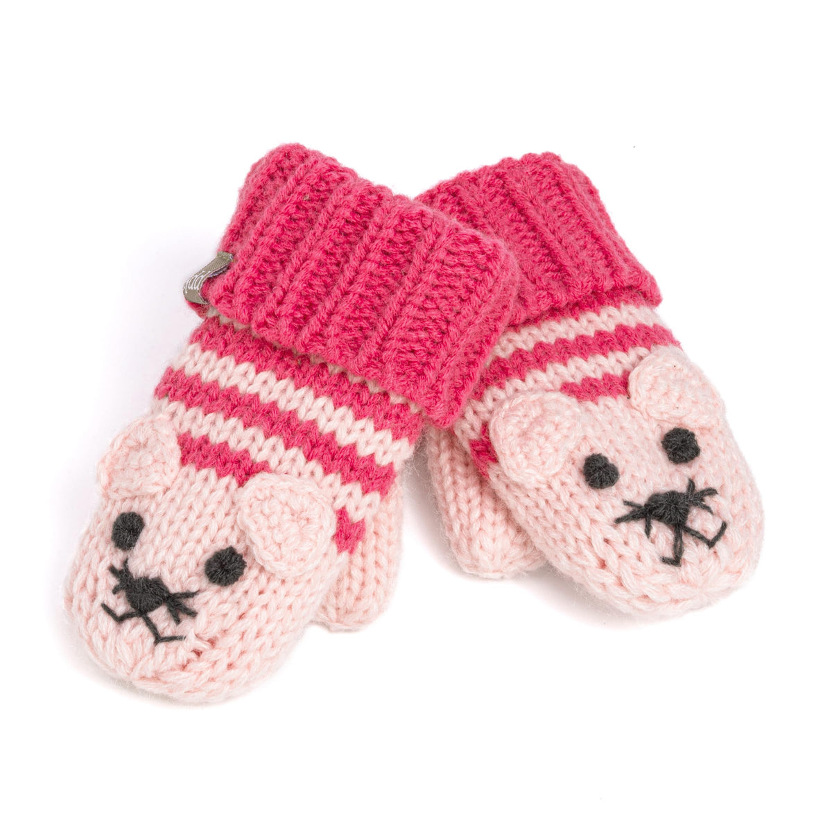 Pair of pink knitted animal mittens with striped cuffs and embroidered faces