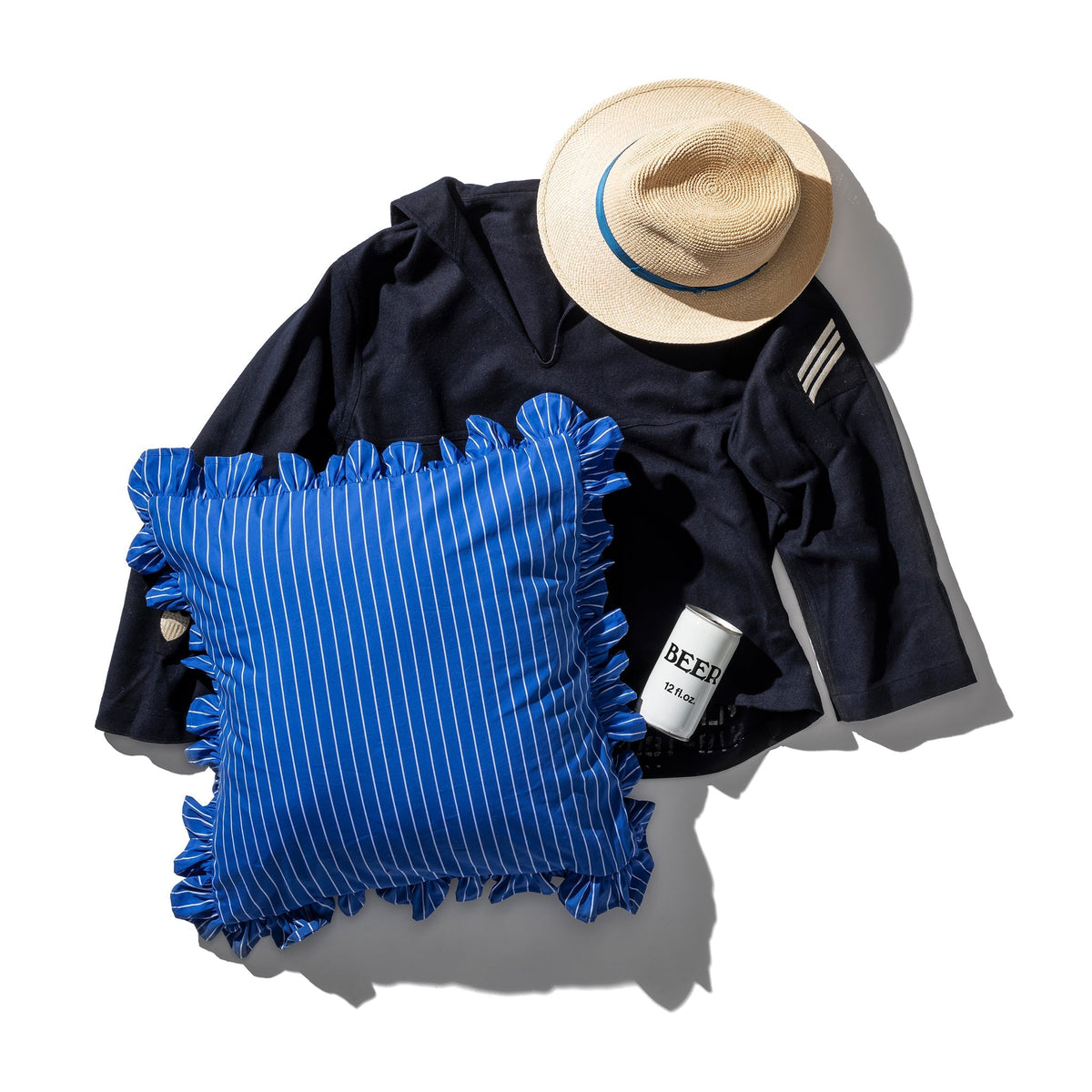 Blue vertical stripe ruffle cushion cover with gathered edges