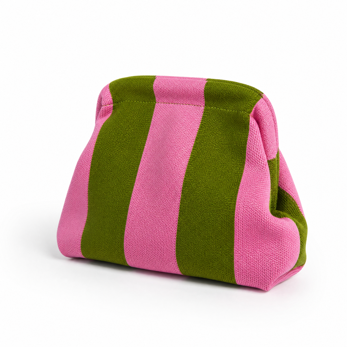 Green and pink striped clutch bag angled view with rounded corners