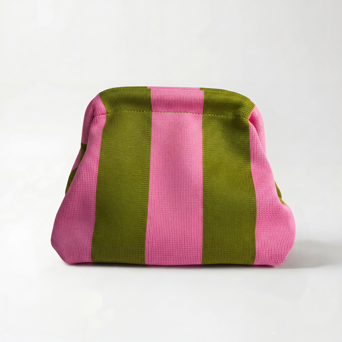 Green and pink striped clutch bag with rounded top and folded sides