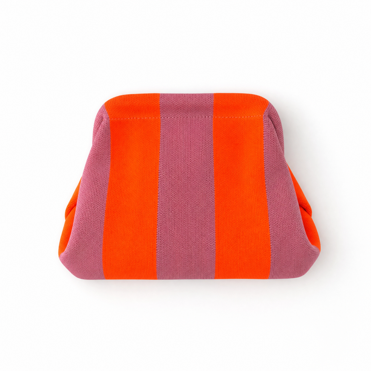 Striped orange and pink fabric clutch bag with small rounded corners