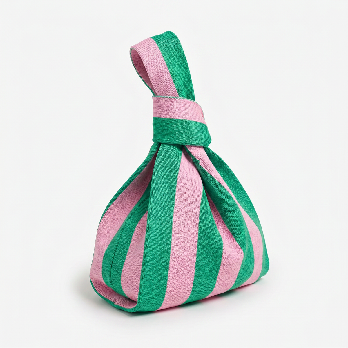 Striped drawstring handbag with green and pink fabric and knotted top handle