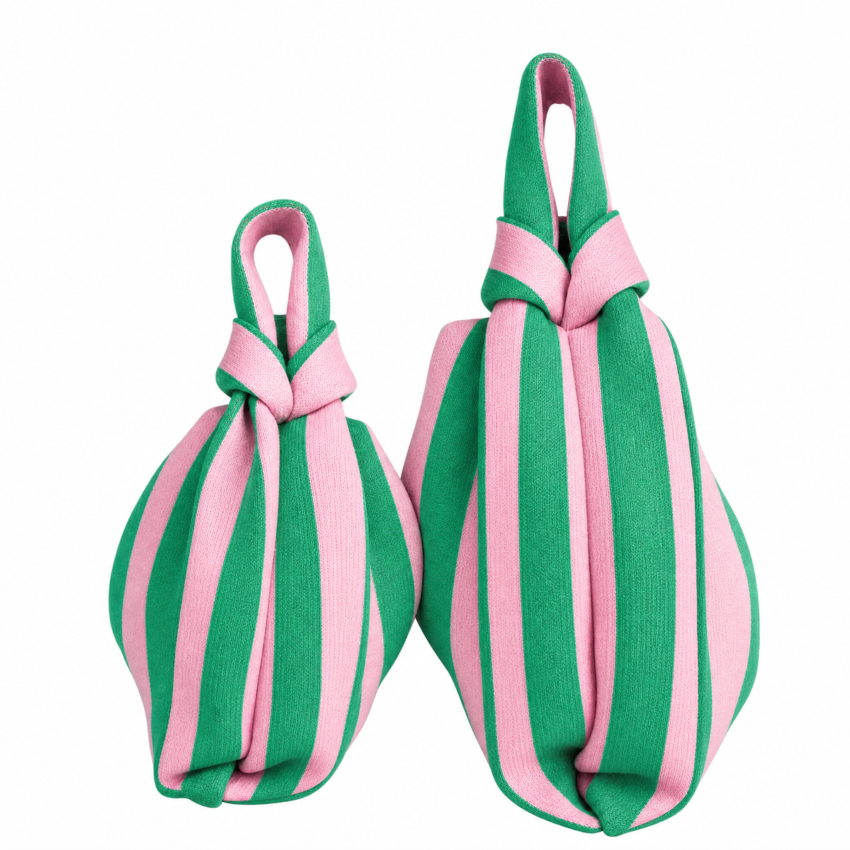 Two striped drawstring handbags, green and pink with looped handles and cinched tops