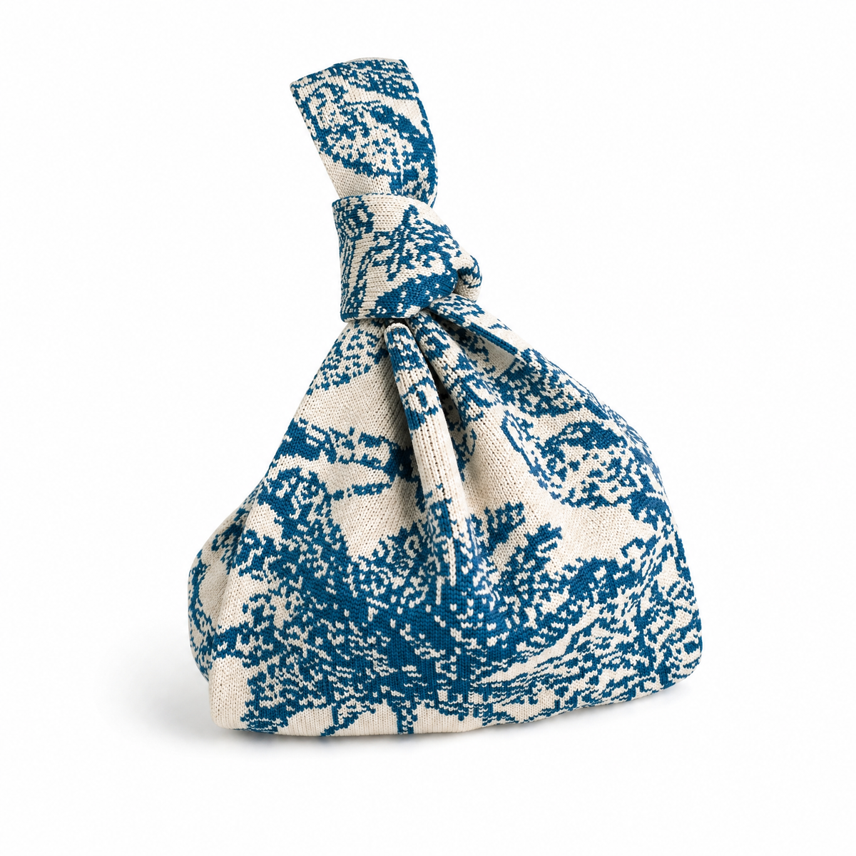 Blue and white woven drawstring handbag pouch with knotted top and gathered base