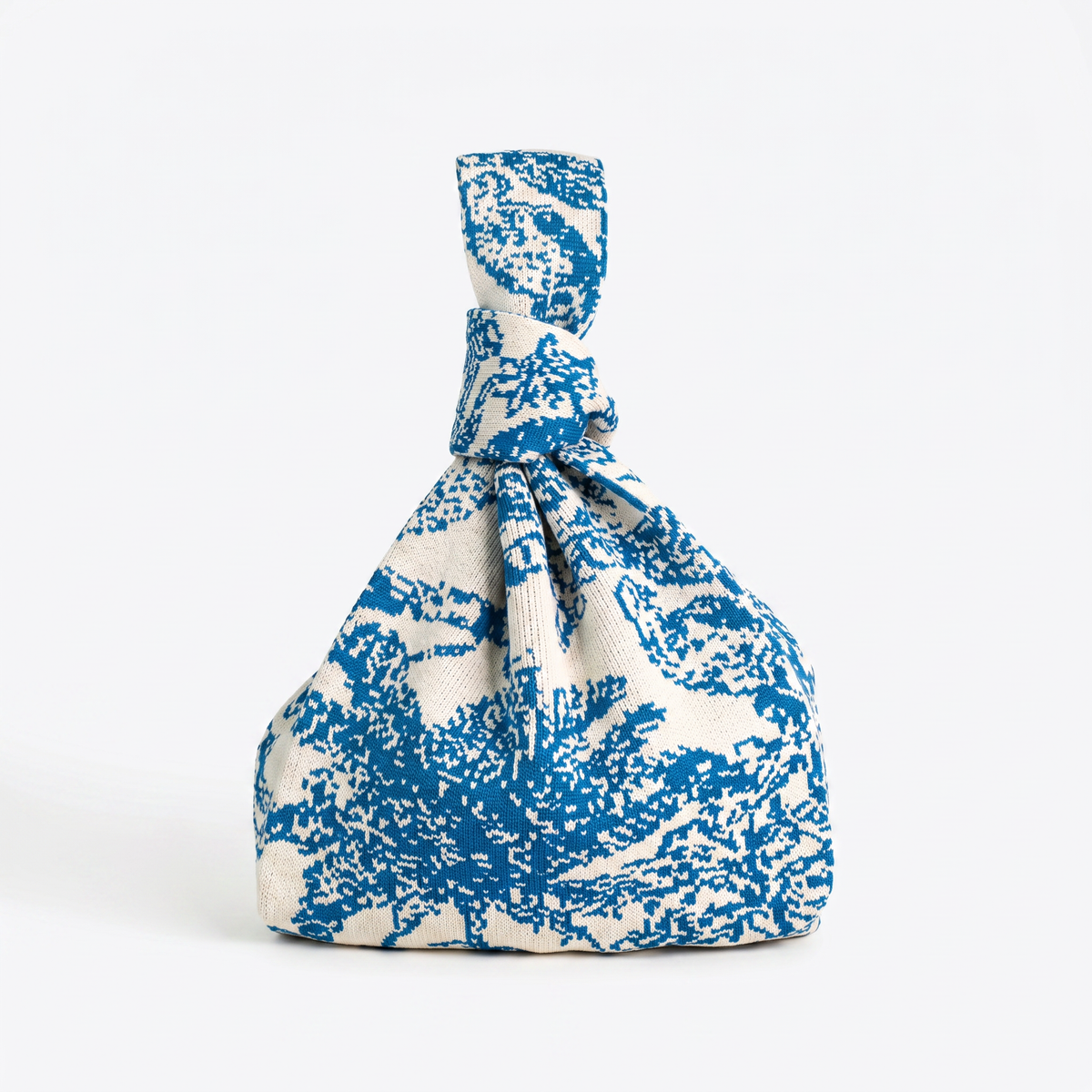 Blue and white woven drawstring handbag pouch with gathered body and top tie
