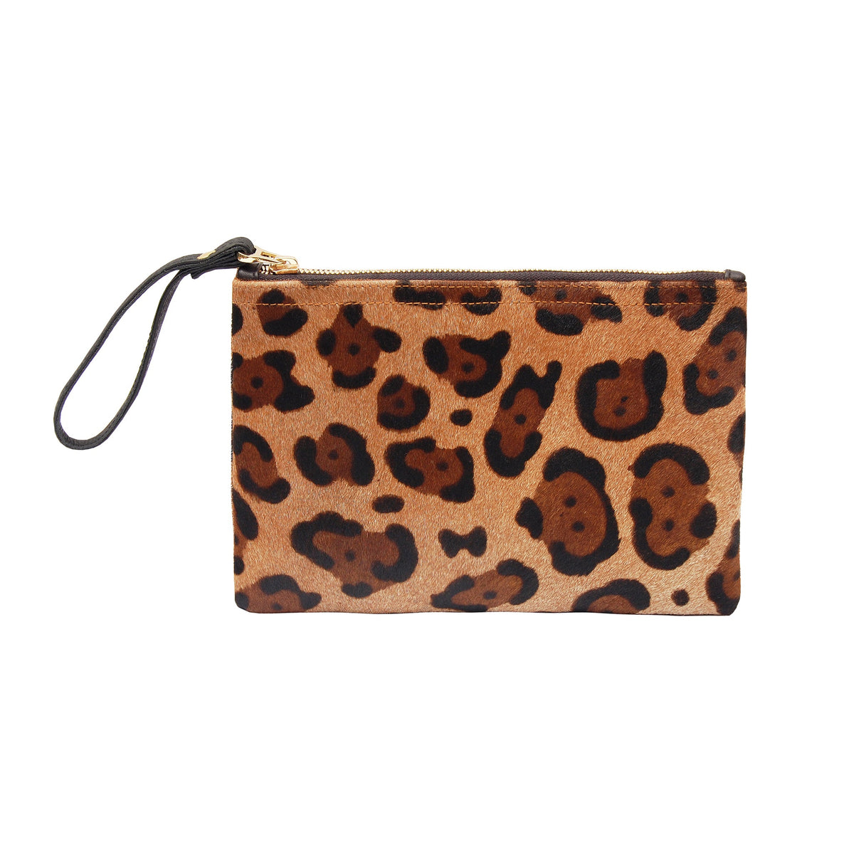 Leopard-print rectangular clutch with black wrist strap and gold zipper