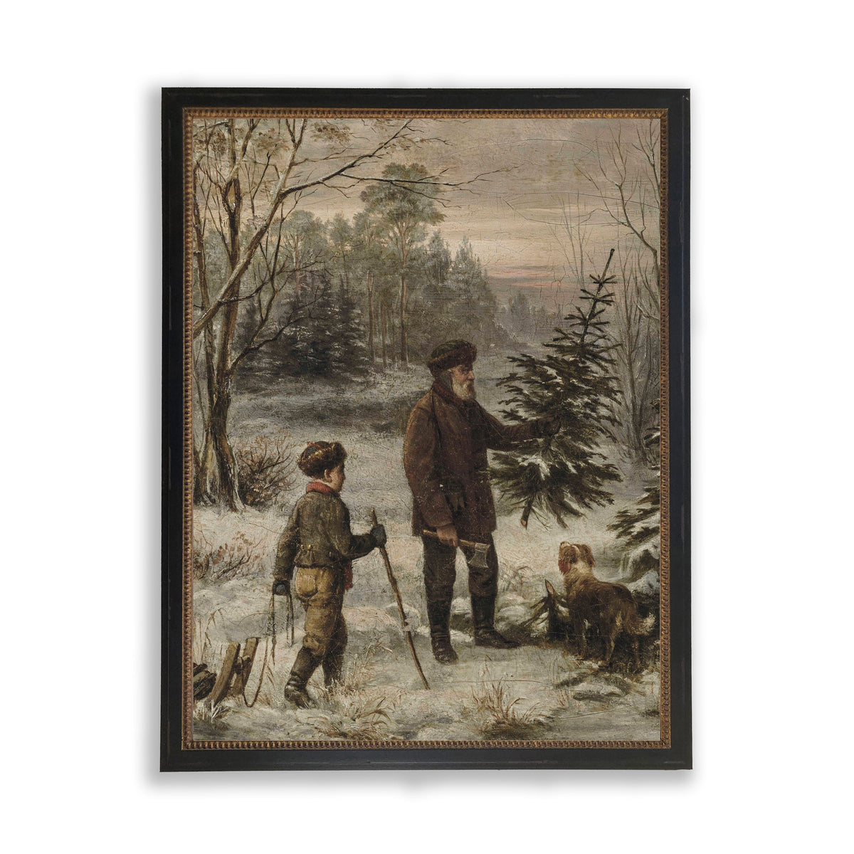 Framed vintage oil painting of man, boy, and dog in snowy forest landscape