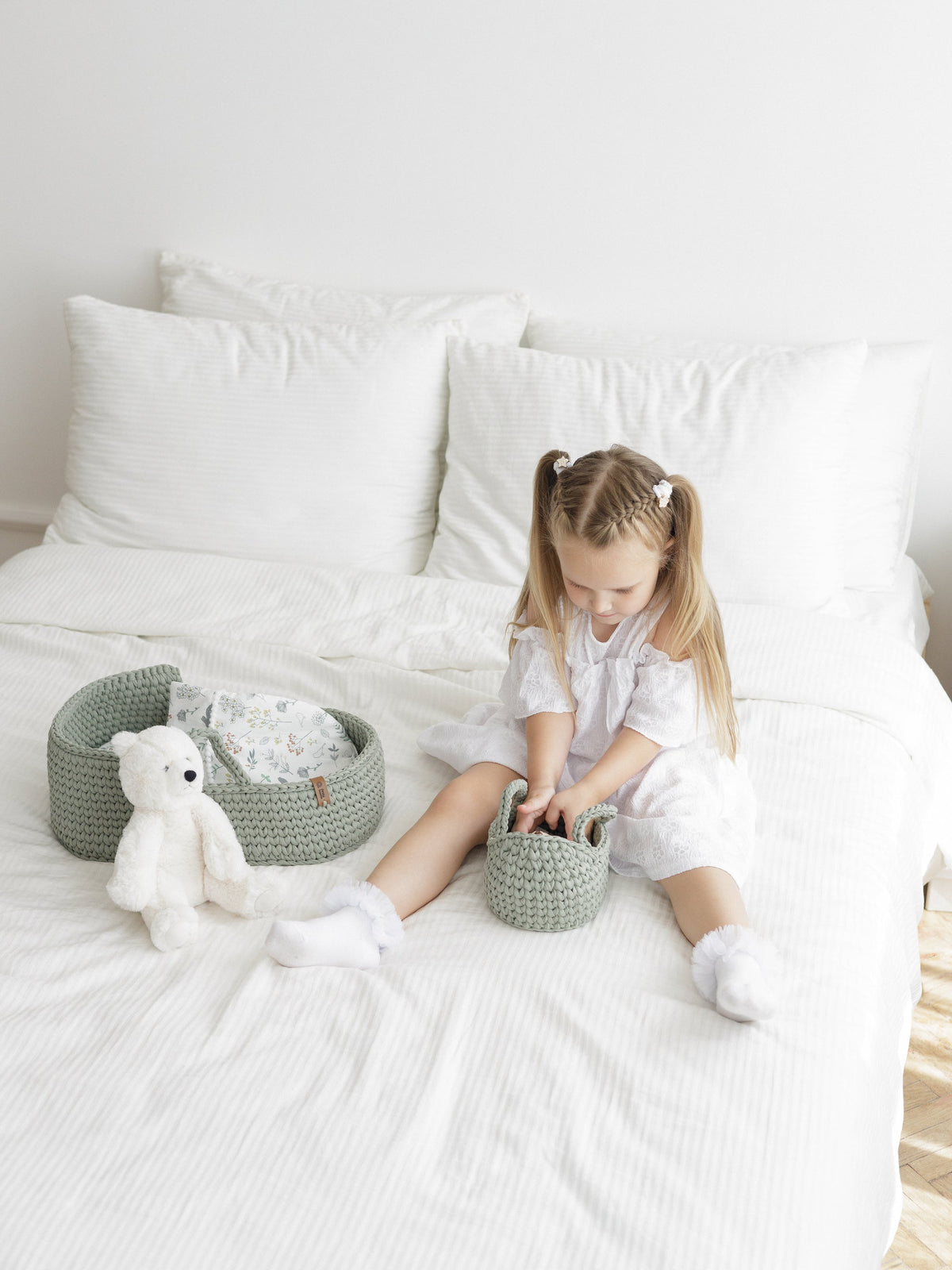 Mini doll moses basket set with green crocheted basket and small stuffed bunny