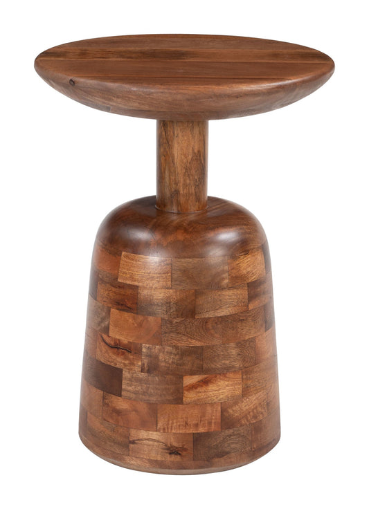 Kelk wooden side table with a round top and a sculptural, block-patterned pedestal base