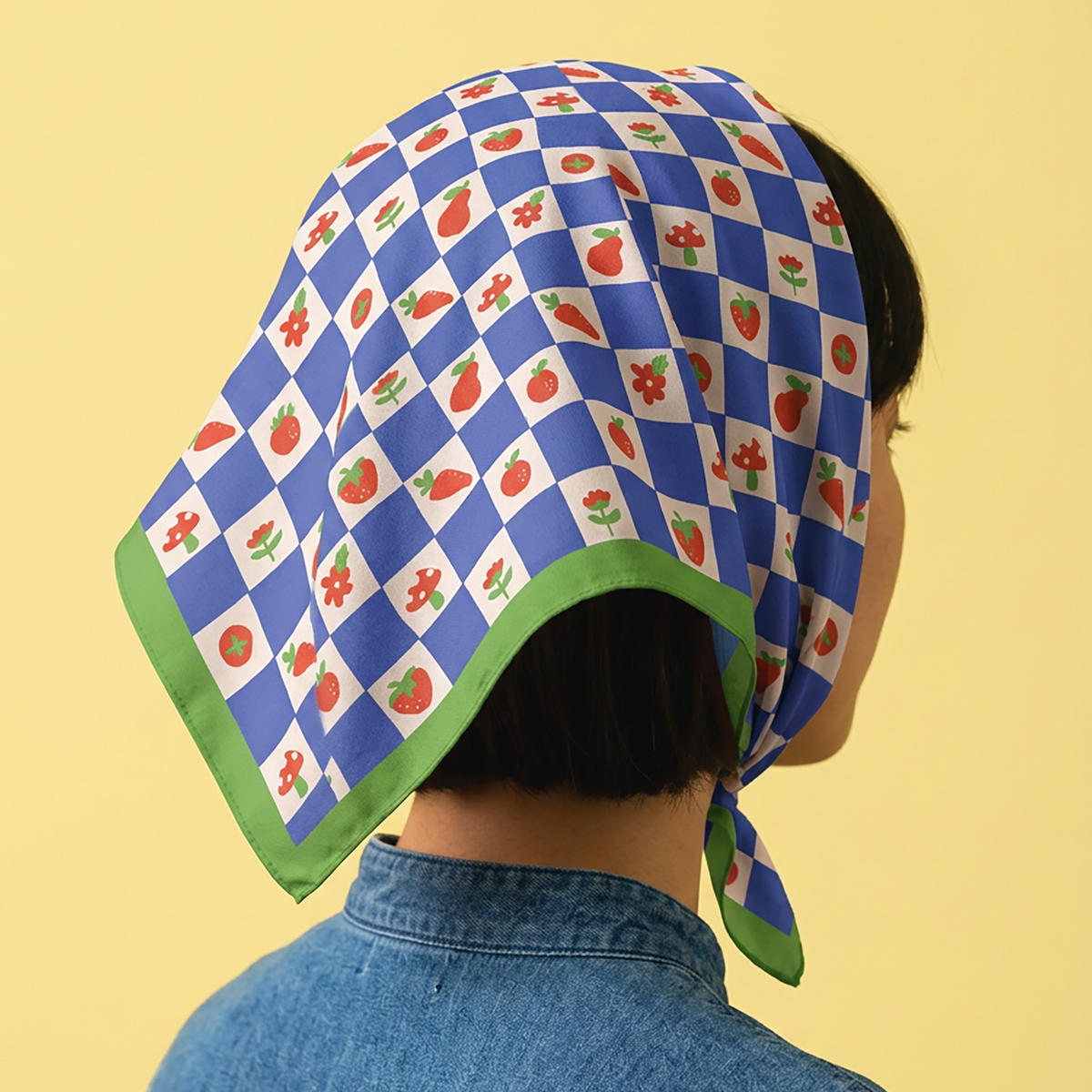 Cotton bandana head scarf with blue checker pattern and green edge