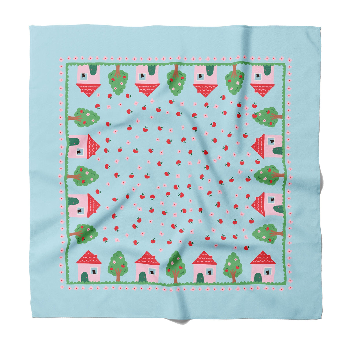 Light blue silk square scarf with village, trees, and red trim pattern border.