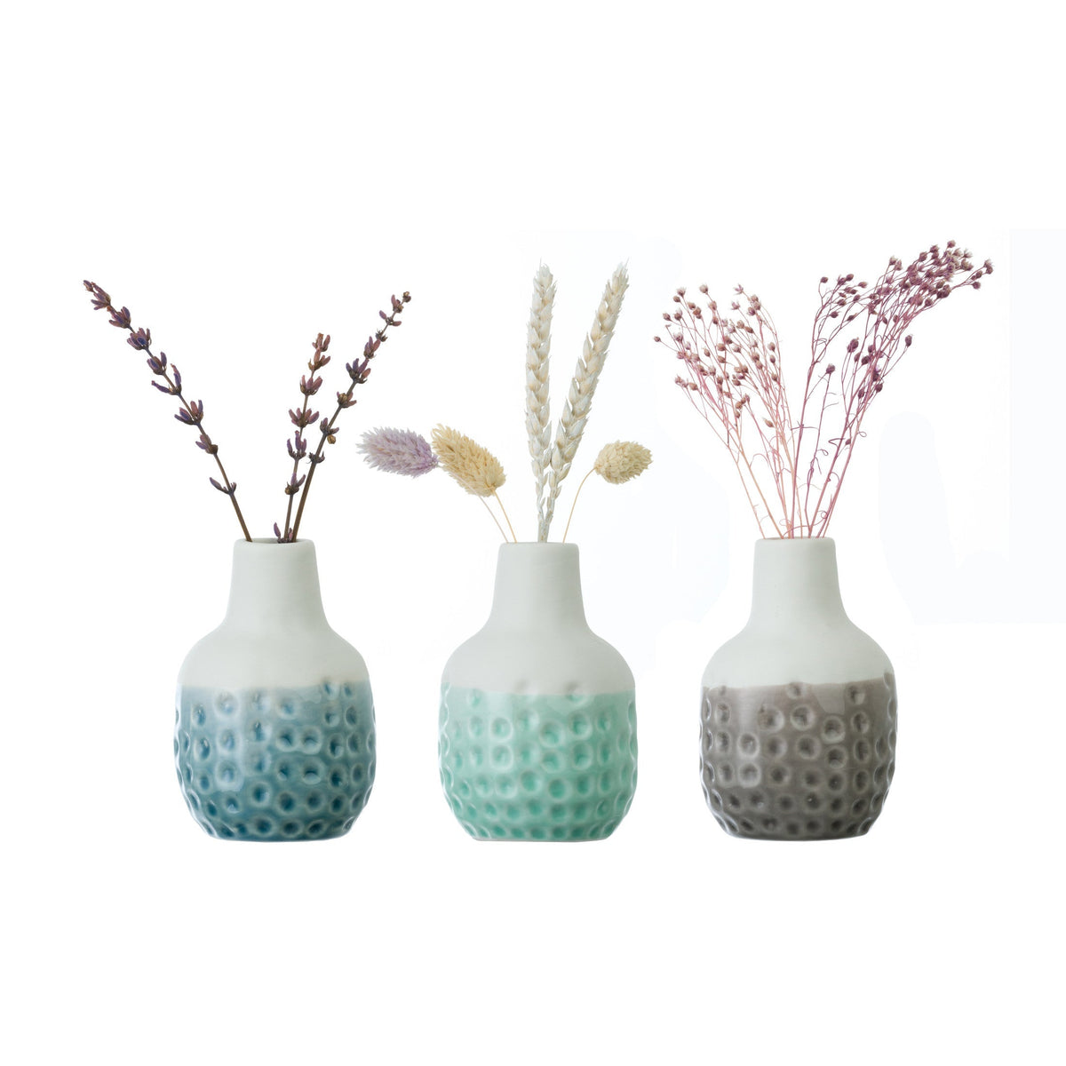 Mini ceramic dot-pattern vase trio set, light blue, mint and gray with stems
