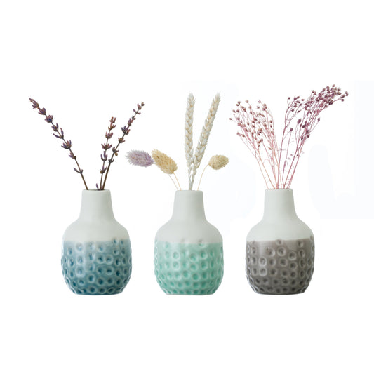 Mini ceramic dot-pattern vase trio set, light blue, mint and gray with stems