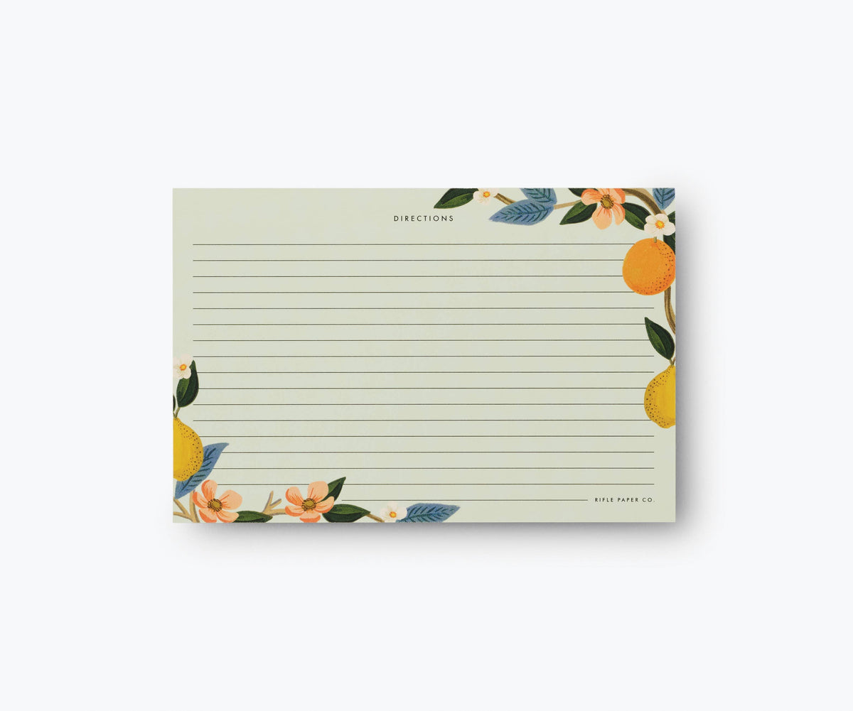 Recipe card with citrus and floral border, directions lines and blank section