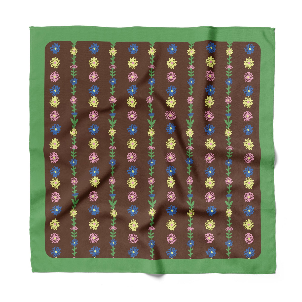 Green cotton-silk bandana with multicolor tiny flower stripe pattern