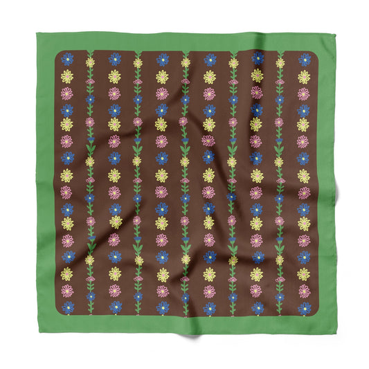 Green cotton-silk bandana with multicolor tiny flower stripe pattern