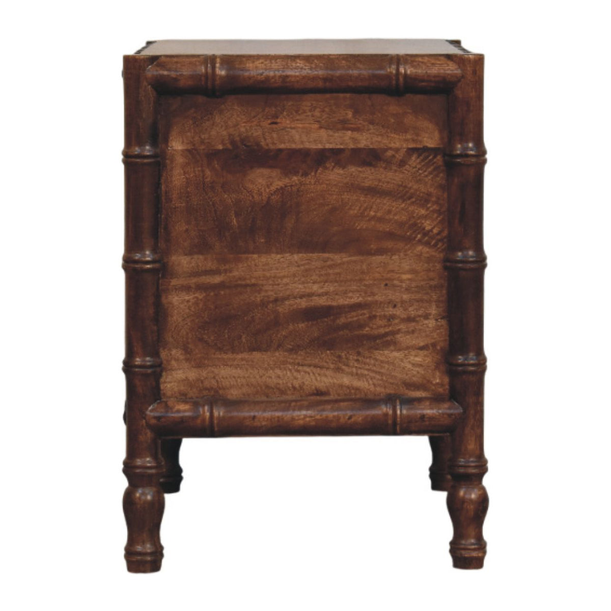 Brown bamboo-frame wood nightstand back with solid wood panels and turned legs