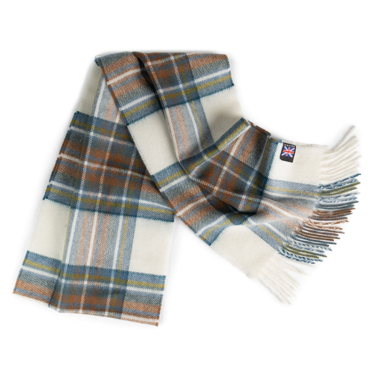 Muted blue tartan merino lambswool scarf with fringed ends and small Union Jack patch