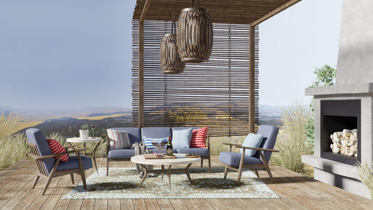 Teal and brown outdoor mat with floral pattern on a patio seating area