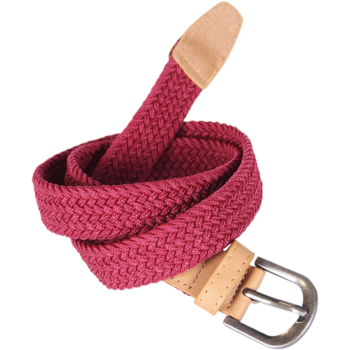 Girls' dark cherry braided stretch belt with tan leather details and metal buckle