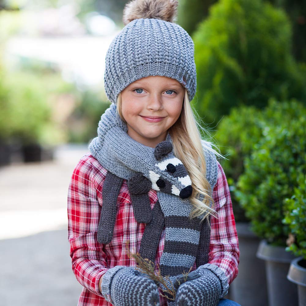 Kids grey knit raccoon scarf with face patch and matching beanie, front view