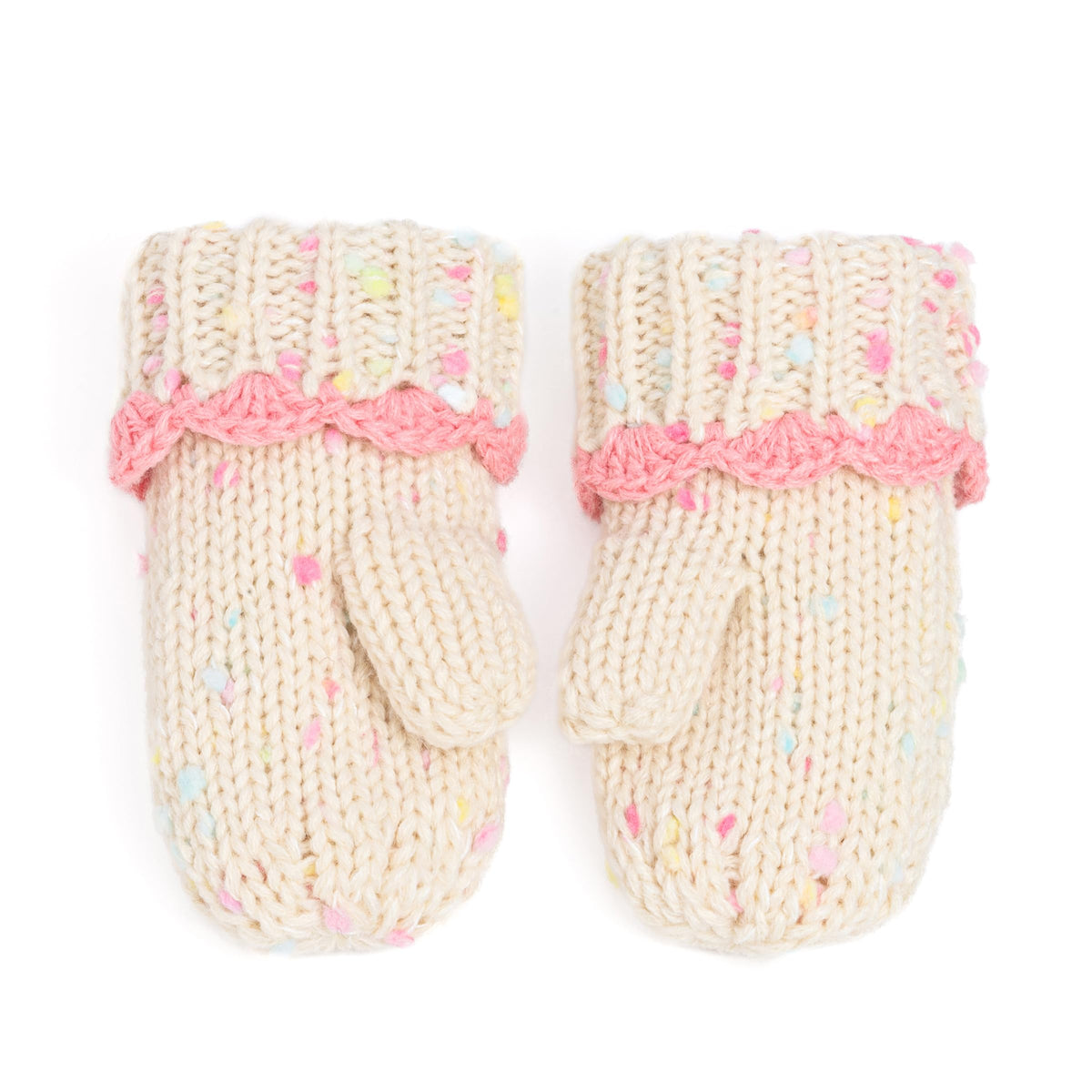 Cream knit mittens with colorful flecks and pink cuffs, shown as a pair