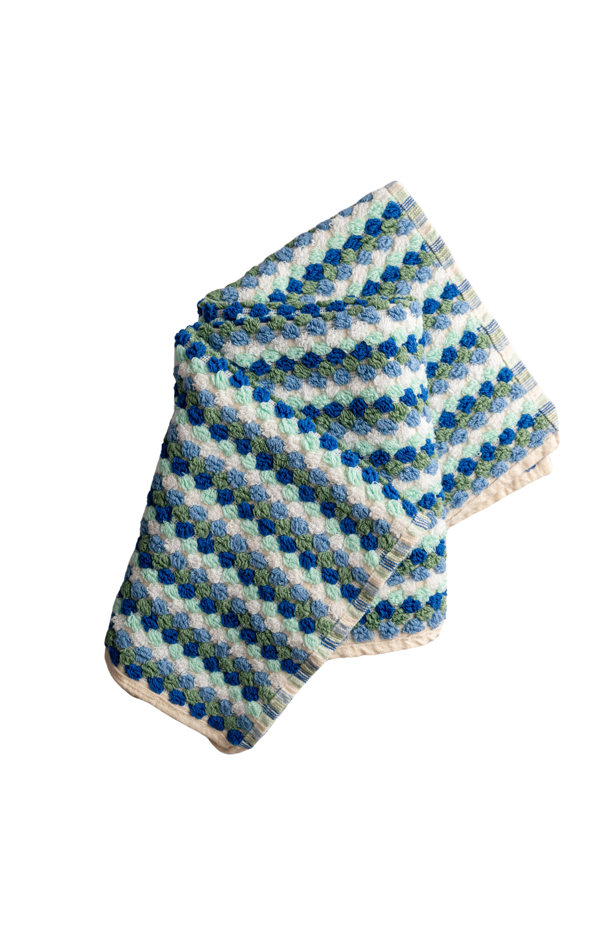 Checkered hand towel in blue and mint tones, no tassels, shown folded on white background.