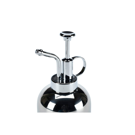 Stainless steel indoor plant mister with central column, curved nozzle, and side handle