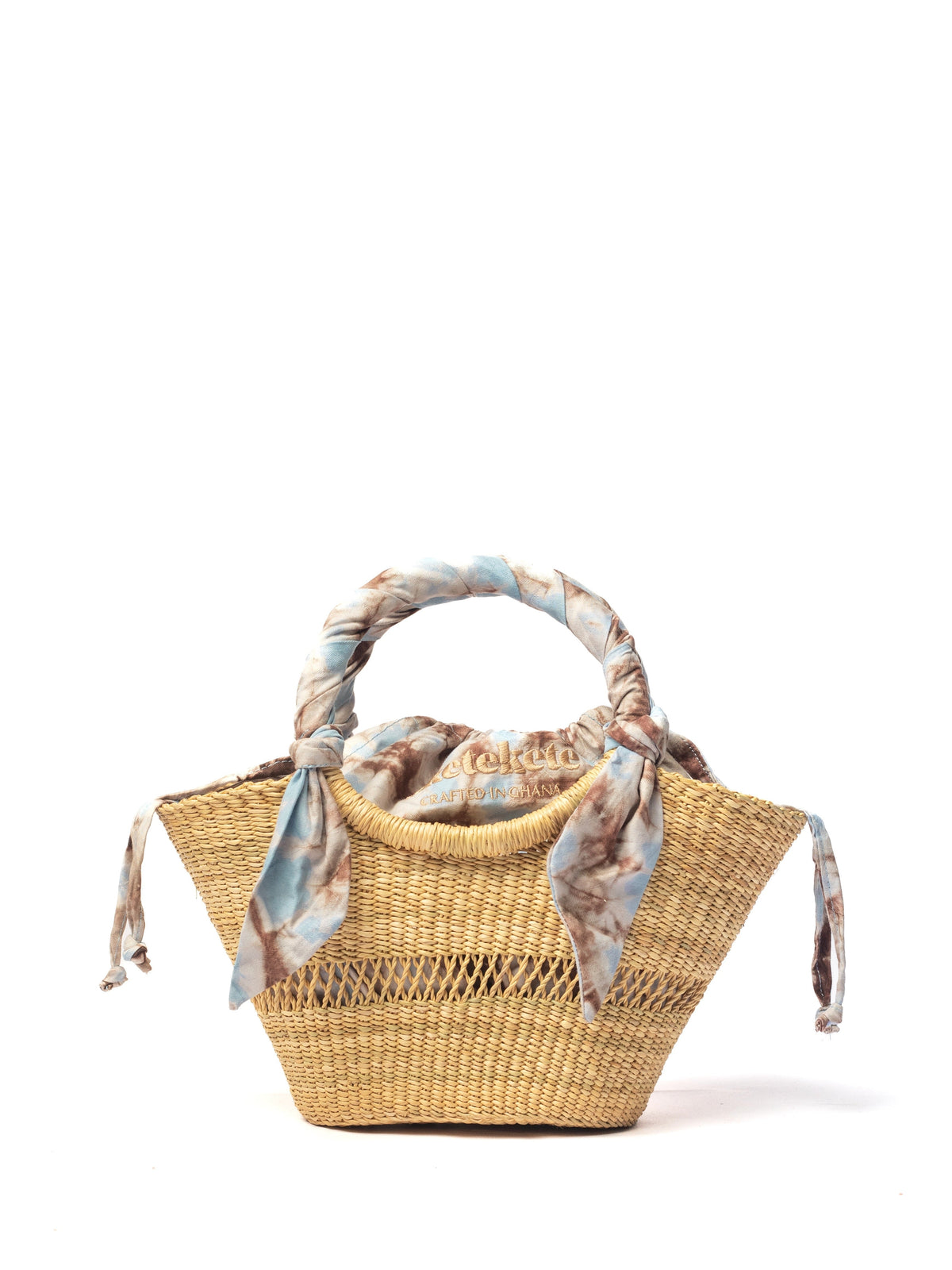 Small straw woven butterfly bag with light blue patterned scarf handles