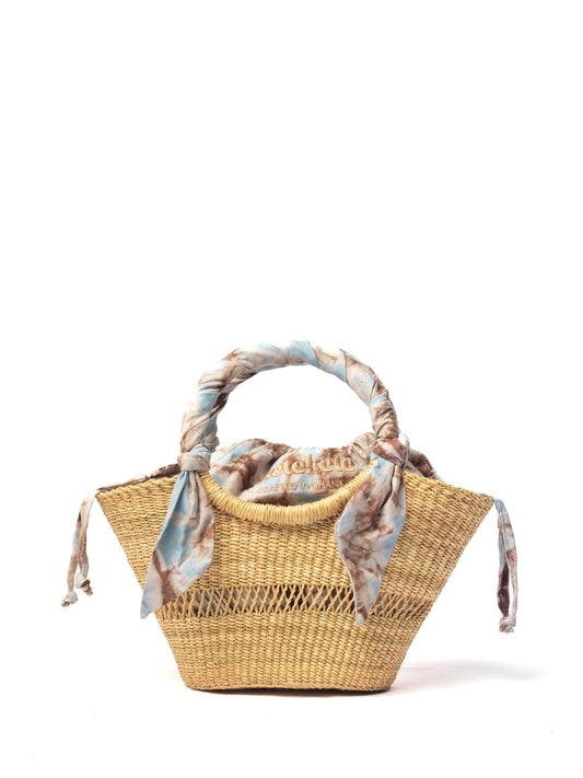 Small straw woven butterfly bag with light blue patterned scarf handles