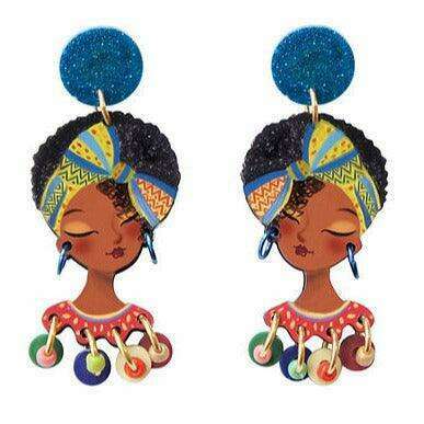 African girl face drop earrings with blue glitter discs and colorful dangling charms