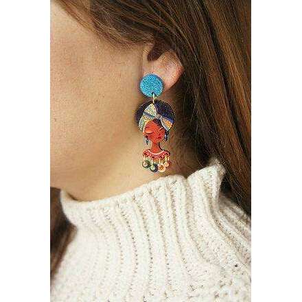 African girl face drop earrings shown from side with blue top disc and multicolor charms