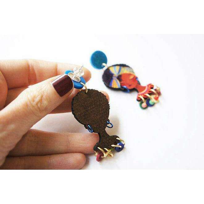 African girl face earrings, dangling blue and black shapes with colorful shell charms