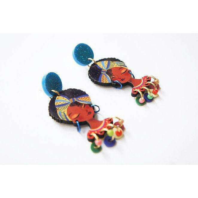 African girl face drop earrings with blue glitter tops and red, green, yellow dangling details