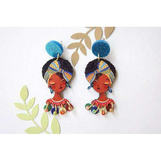 African girl face drop earrings with blue glitter discs and multicolor red charm fringe