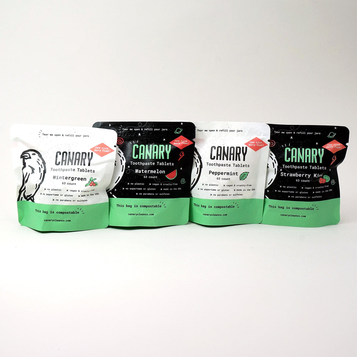 Canary toothpaste tablet sampler in four refill pouches with different flavor labels