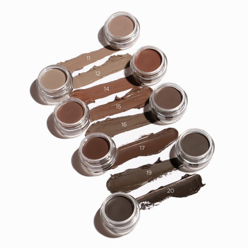 Brow liner gel shades with silver jars and numbered swatches, 11–20