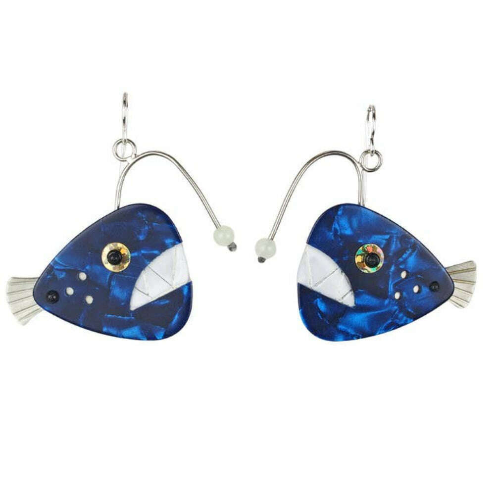 Angler fish drop earrings with blue enamel, white stripes, gold eye, silver hooks