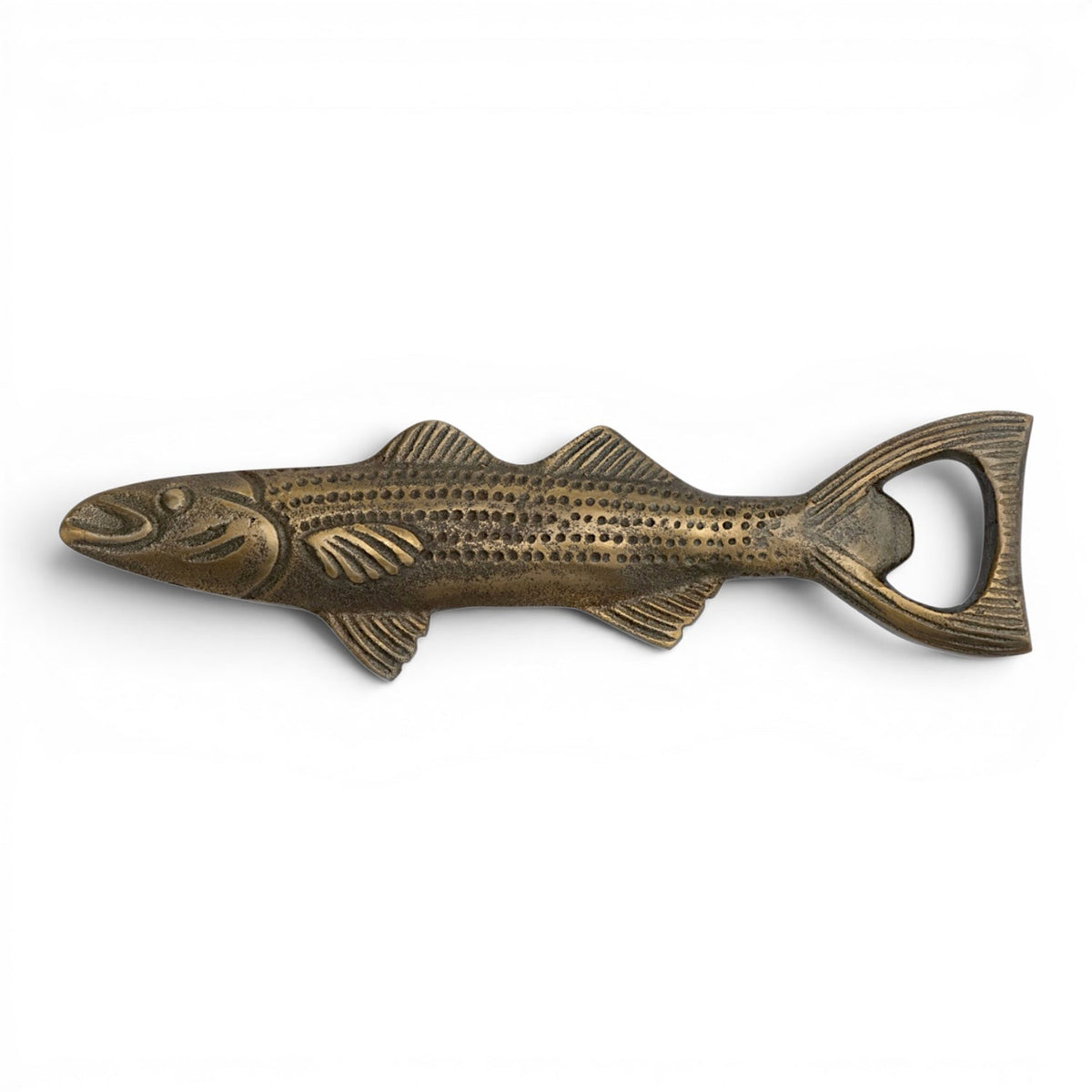 Antique gold fish-shaped bottle opener with circular bottle-cap opening