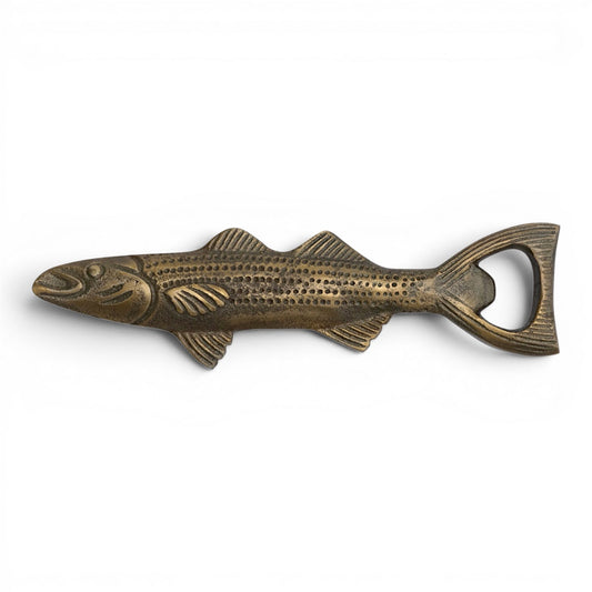 Antique gold fish-shaped bottle opener with circular bottle-cap opening
